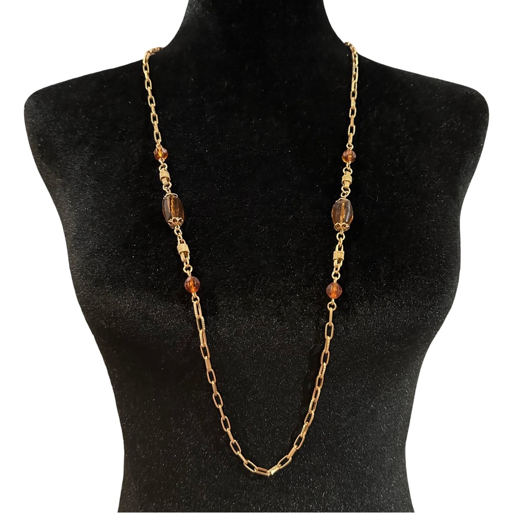 Sarah Coventry Signed Vintage Necklace Gold Tone Chain Brown Beaded 34 Inch